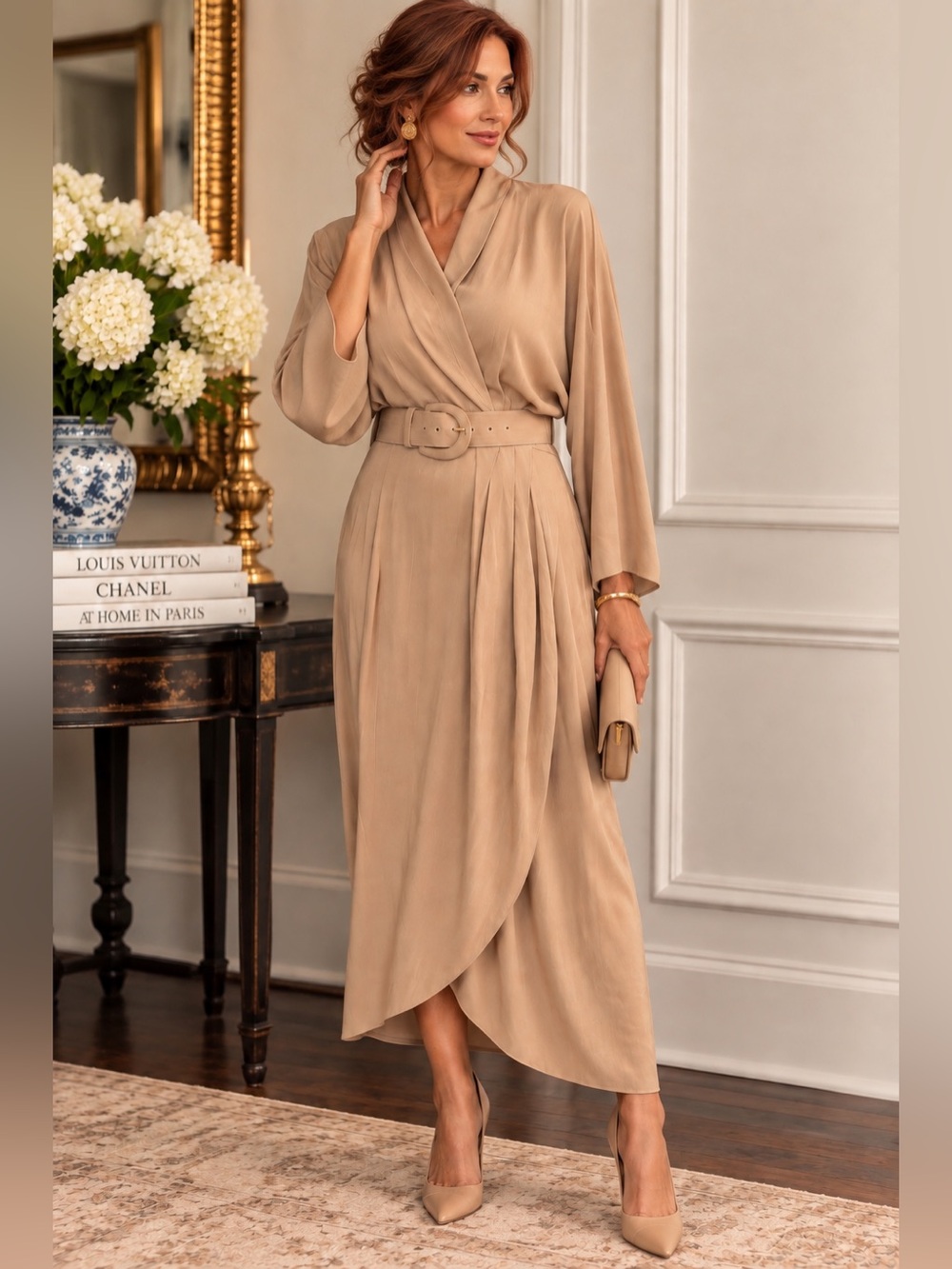 40’s STYLE DRESS Vintage Very Chic & Classy Tan